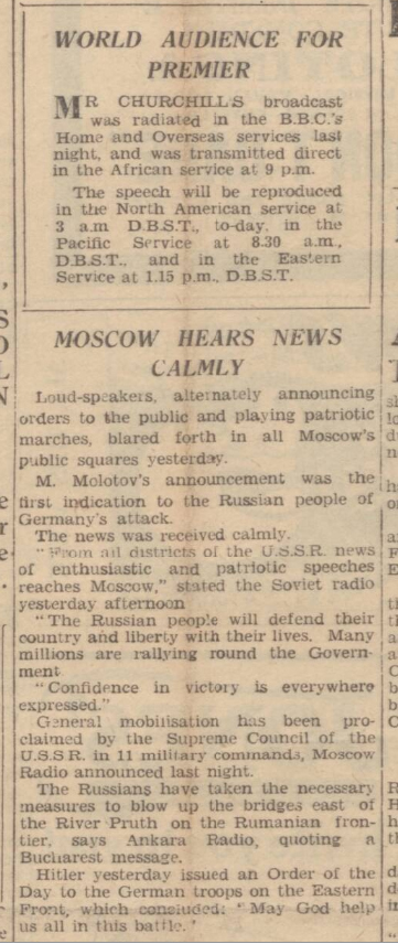 Historical newspaper report about the start of Operation Barbarossa