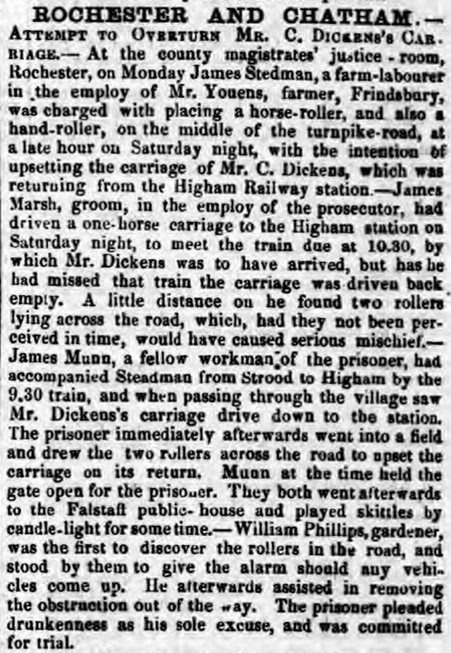 The Maidstone Telegraph's report about an attempt to overturn Charles Dickens' carriage