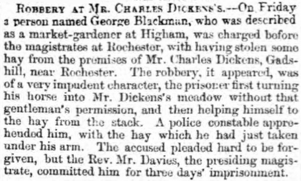 A robbery at Charles Dickens' house was reported by the Dover Express in 1859